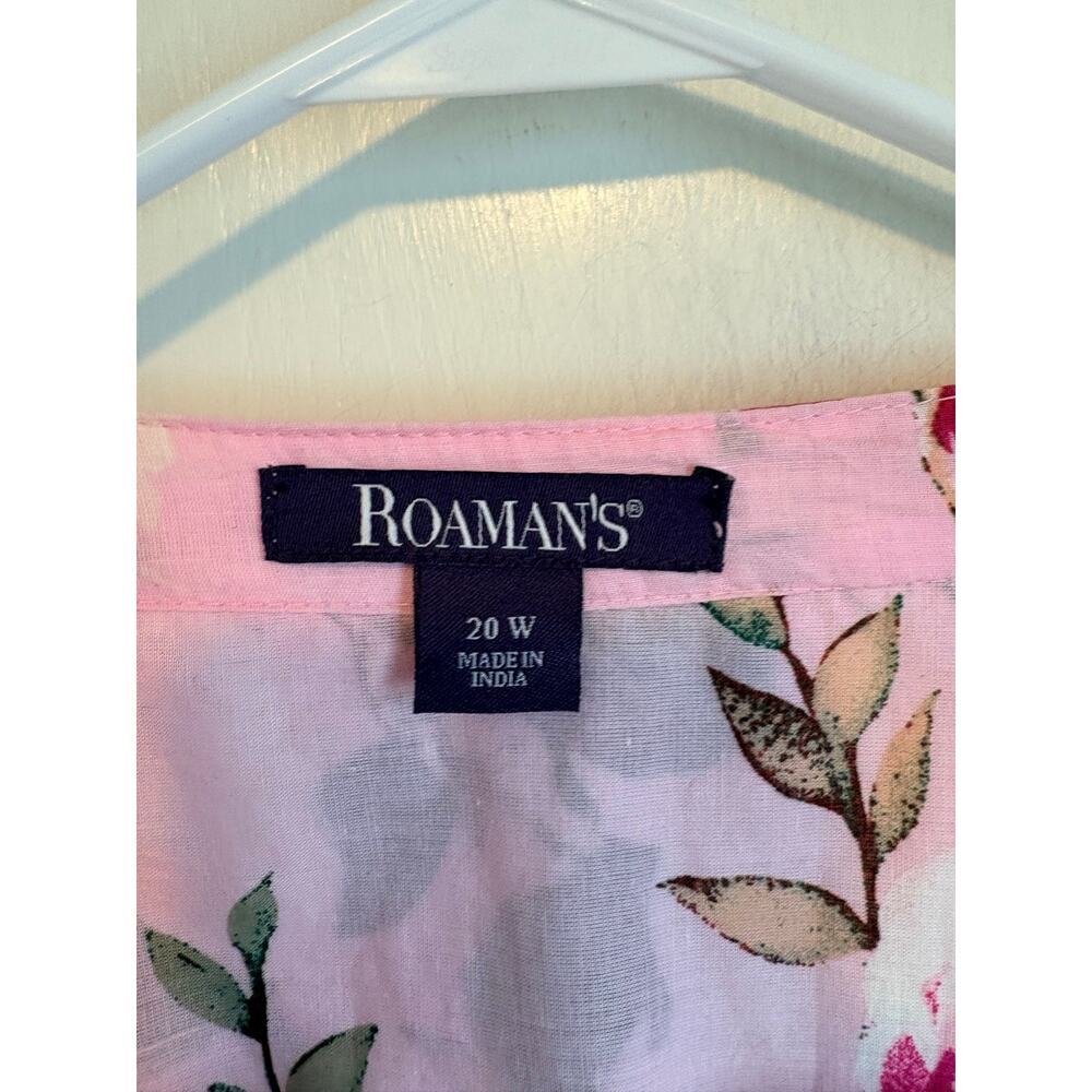 Roaman's Pink Floral Big Shirt Button Up Tunic Lightweight Pintuck Cotton 20w - Picture 7 of 9